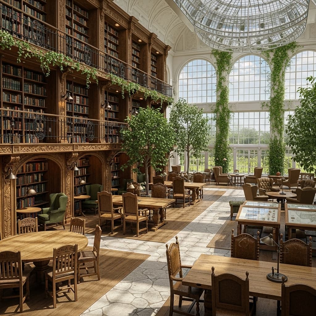 A sunlit garden library: tall wooden shelves of books beneath arched windows and trailing vines