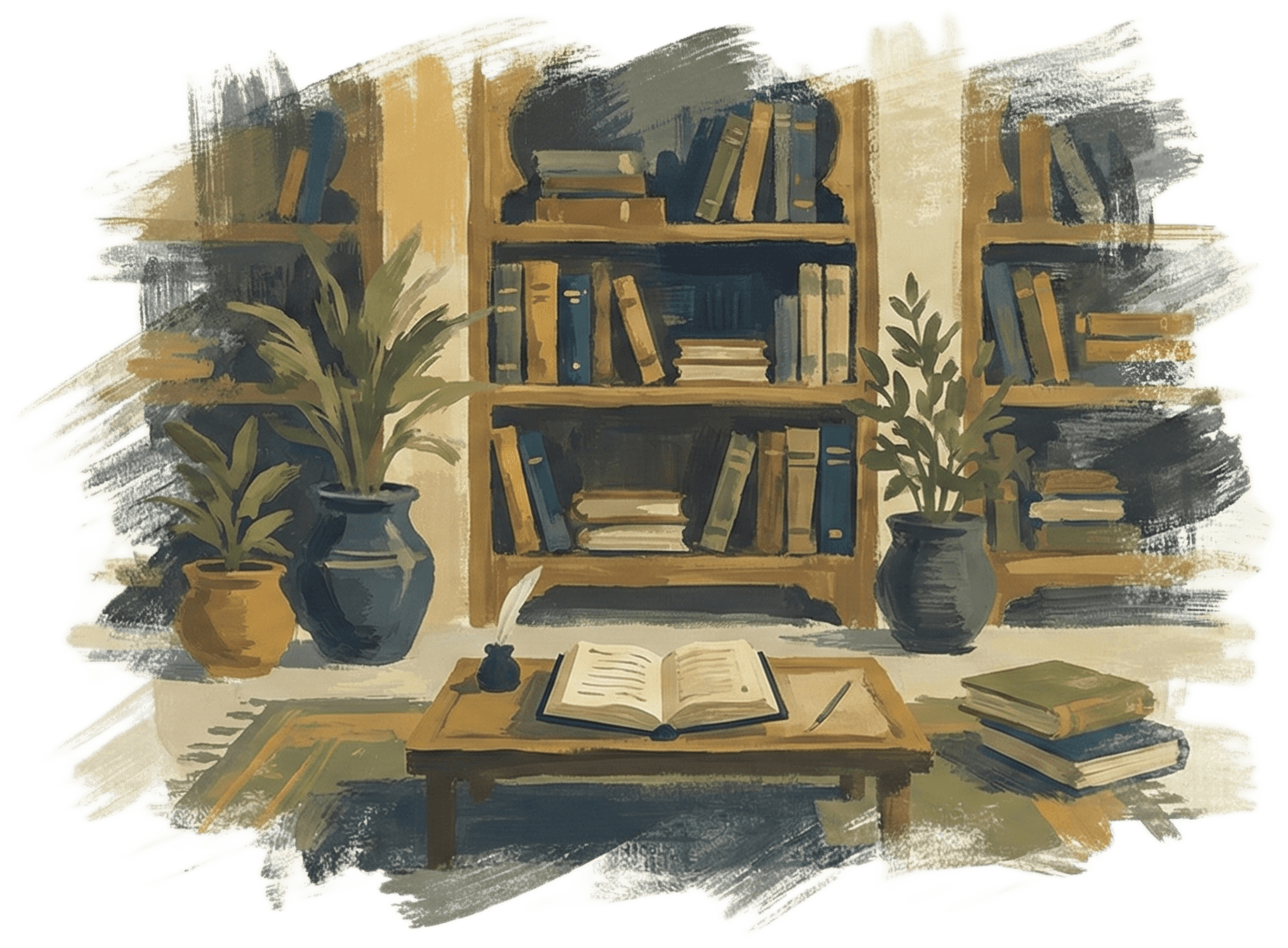 A painted reading corner: shelves of books, potted plants and an open book on a low table