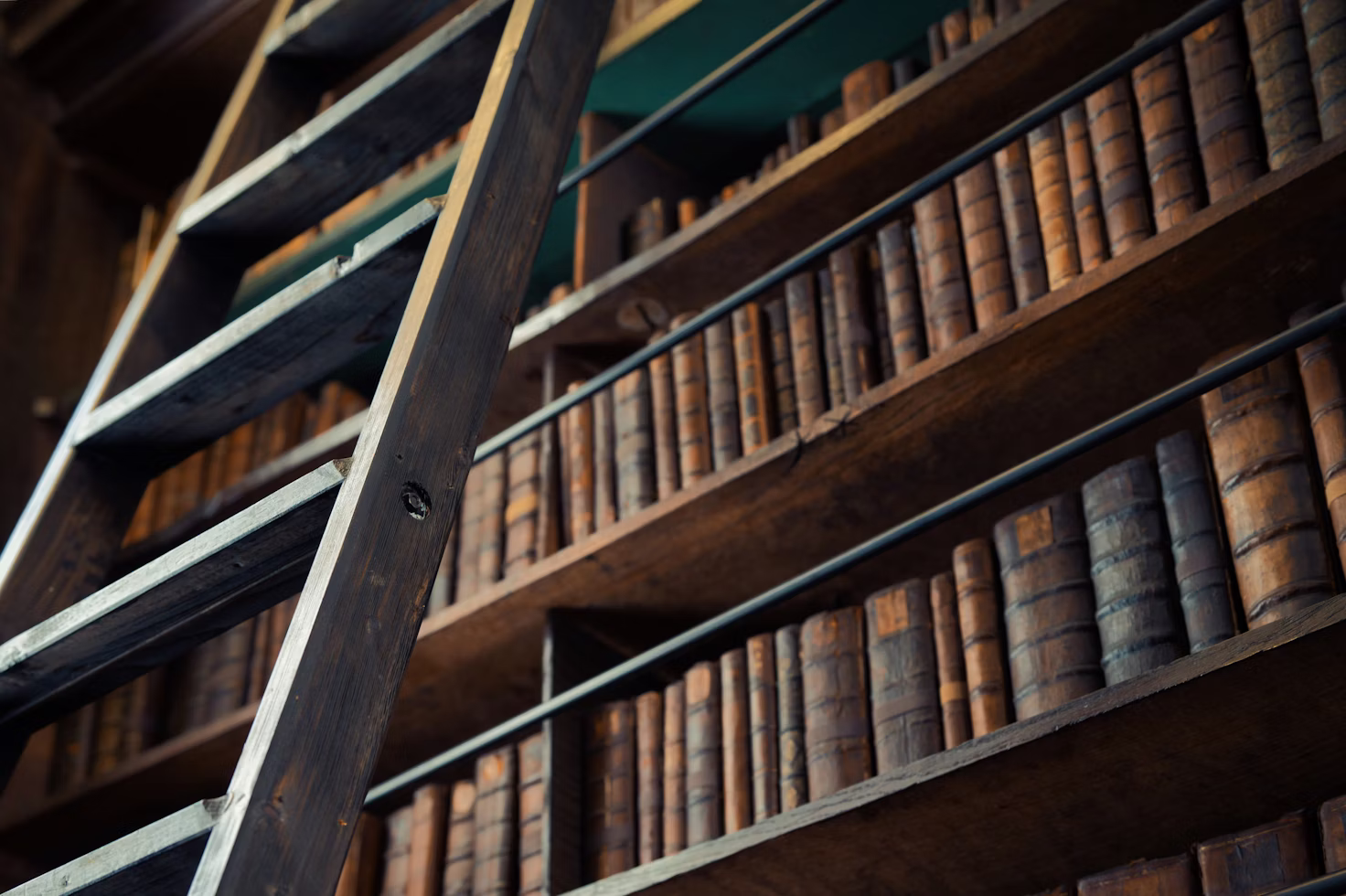 Tall wooden library shelves lined with old books